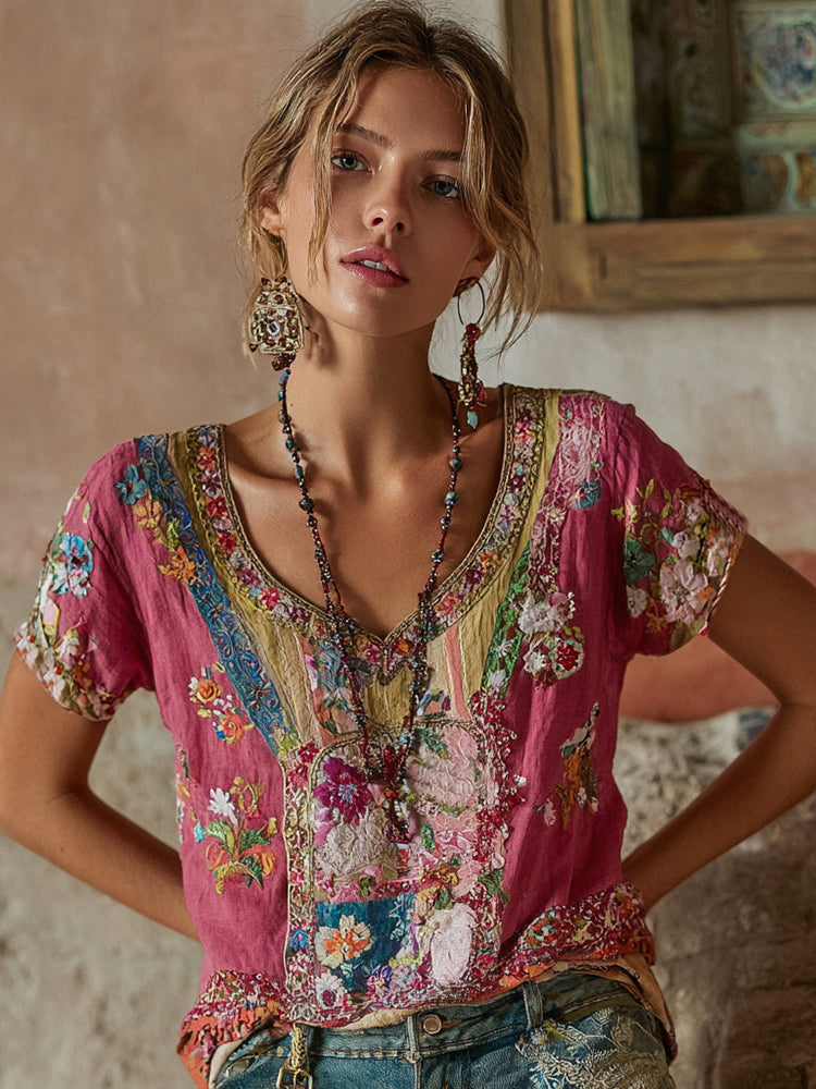 Women's Bohemian Floral Embroidery Art V-neck Short Sleeve Linen Blend T-shirt