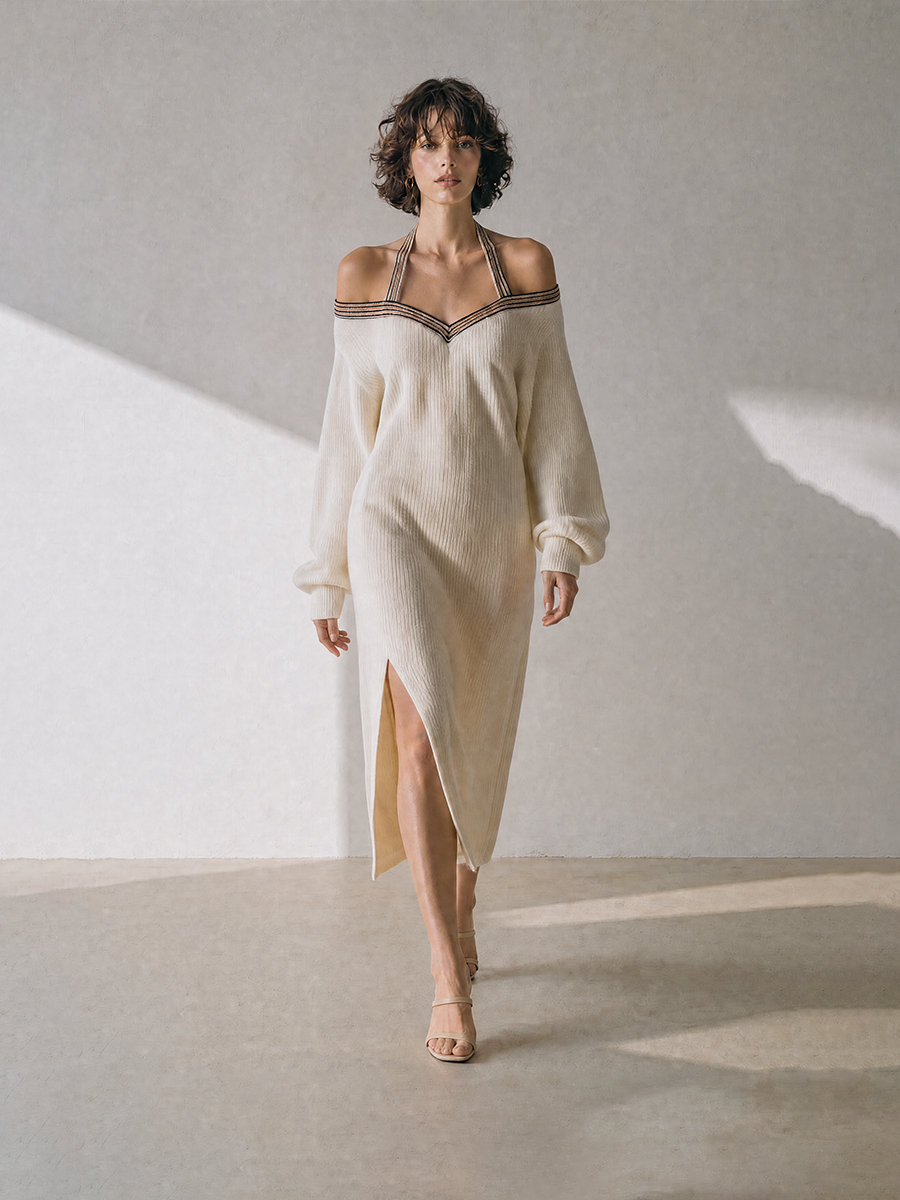 Women's Elegant Sultry Ivory Ribbed-Knit Halter Off-Shoulder V-Neck Long-Sleeve Slit Midi Dress MDZ2286G4CMX