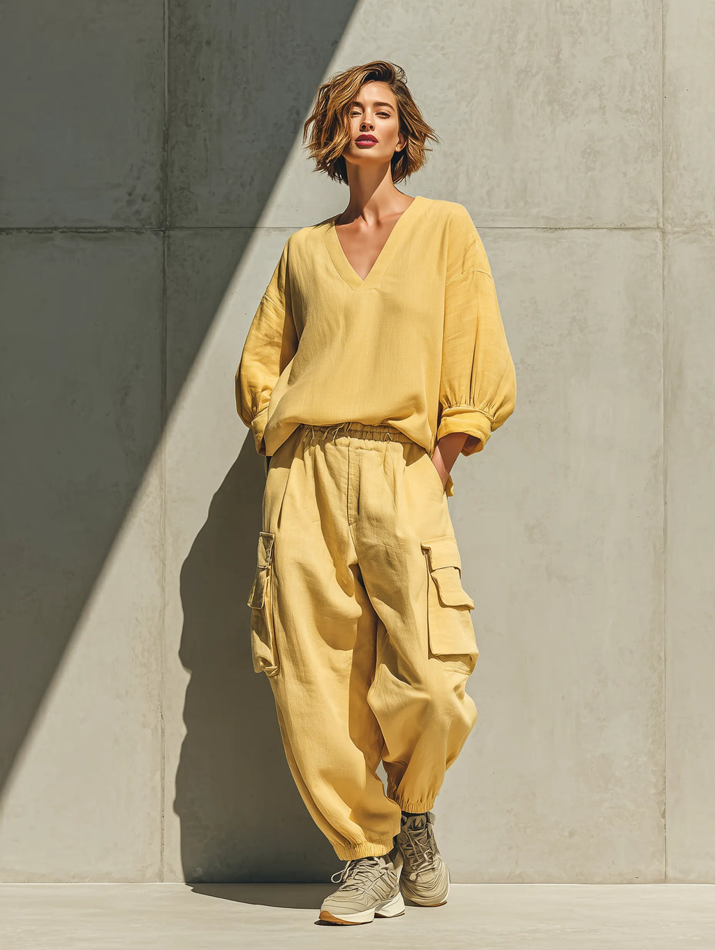 Women's Lemon Yellow Cotton-linen blend V Neck Balloon Three Quarter Sleeve Loose Top Elastic Waist Multi Pocket Jogger Cargo Pant Two Piece Set MDZ1732G1YZJ