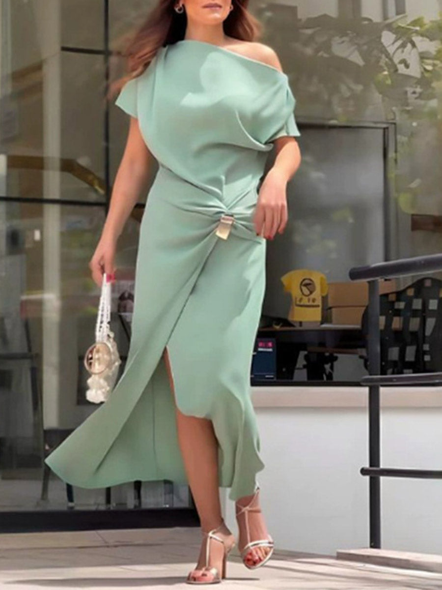Women's Solid-color Off-shoulder Short-sleeve Casual Slim-fit Dress