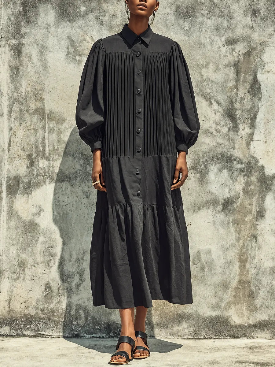 Women's Solid Black Cotton Blend Lapel Vertical Pleat Front Gathered Cuff Loose Fit Tiered Ruffle Midi Shirt Dress MDZ2092G4YZJ