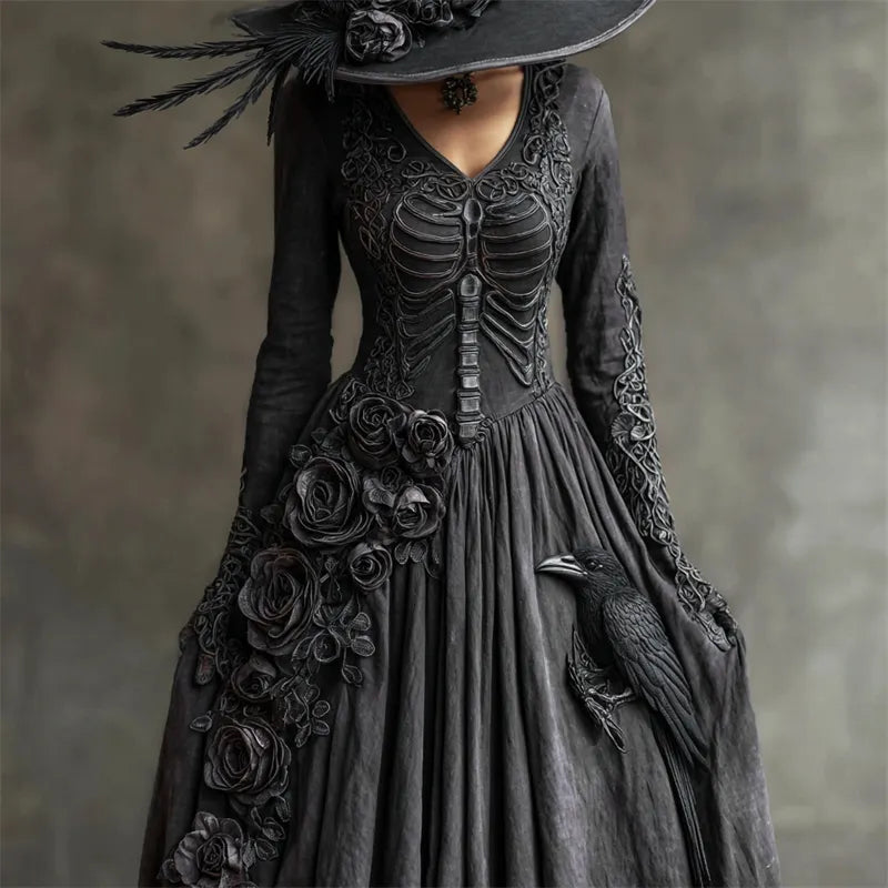 Vintage Rib Cage Raven & Dark Roses Celtic Linen Maxi Dress