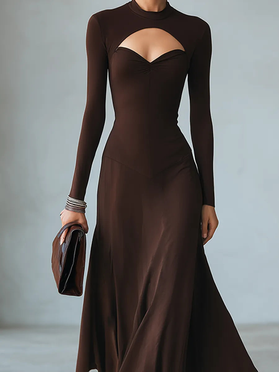 Women's Minimalist Solid Brown Midi Dress With Cut-Out Mock Neck MDZ0344G9ZRK