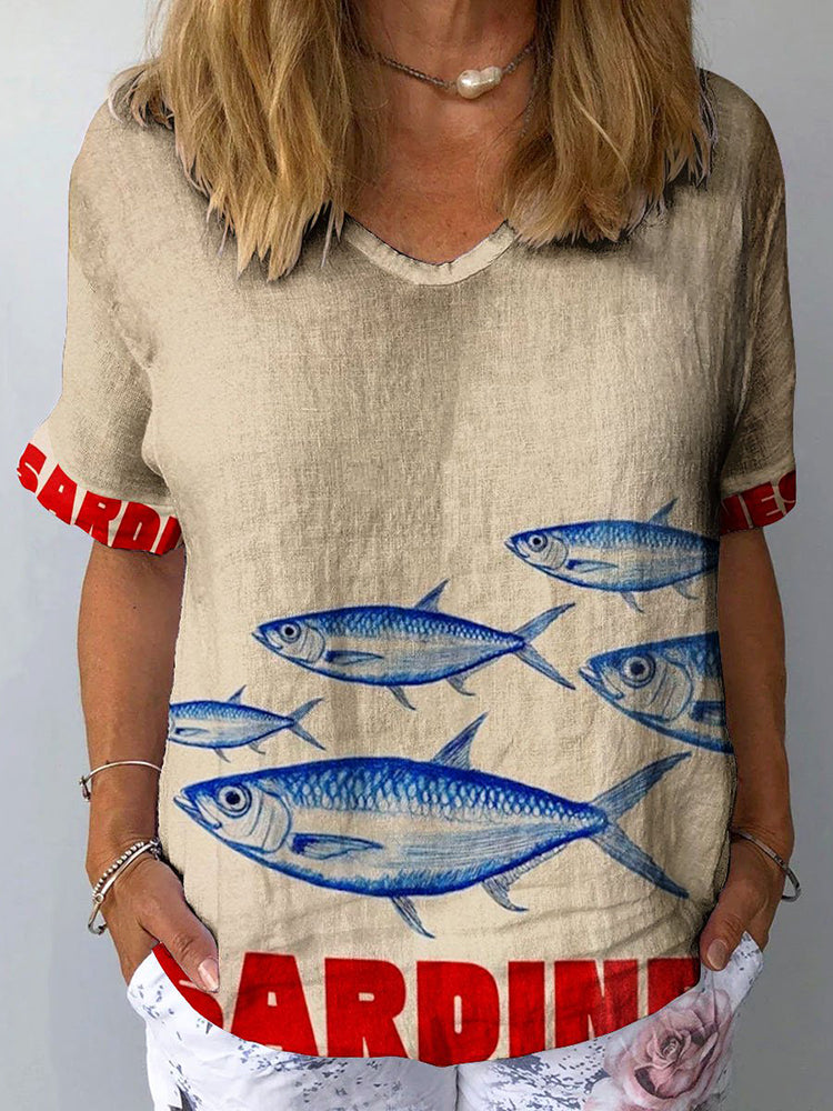 Women's Vintage Ocean Fish Sardines Art Print Casual Cotton And Linen Shirt