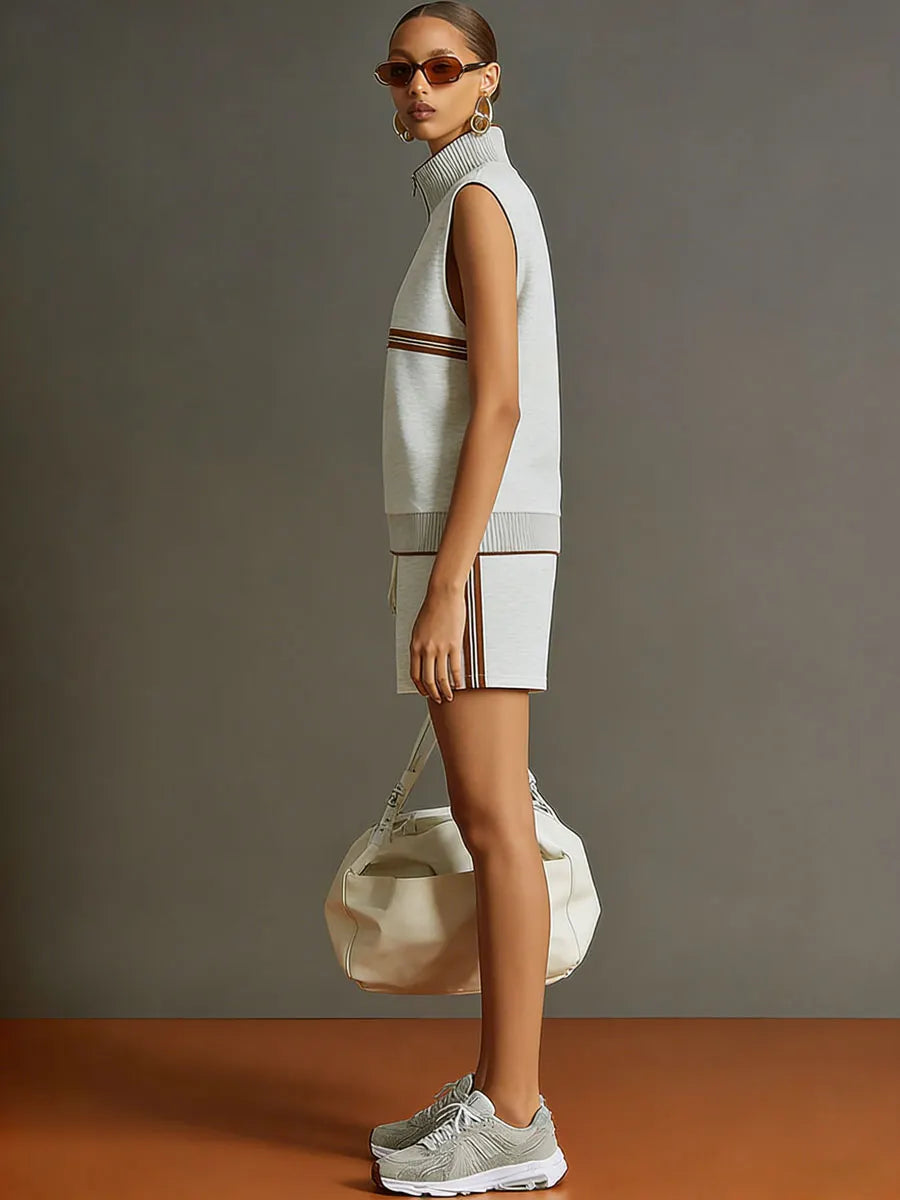 Retro Sporty Grey And White Half-zip Sleeveless Sweatshirt And Shorts Set