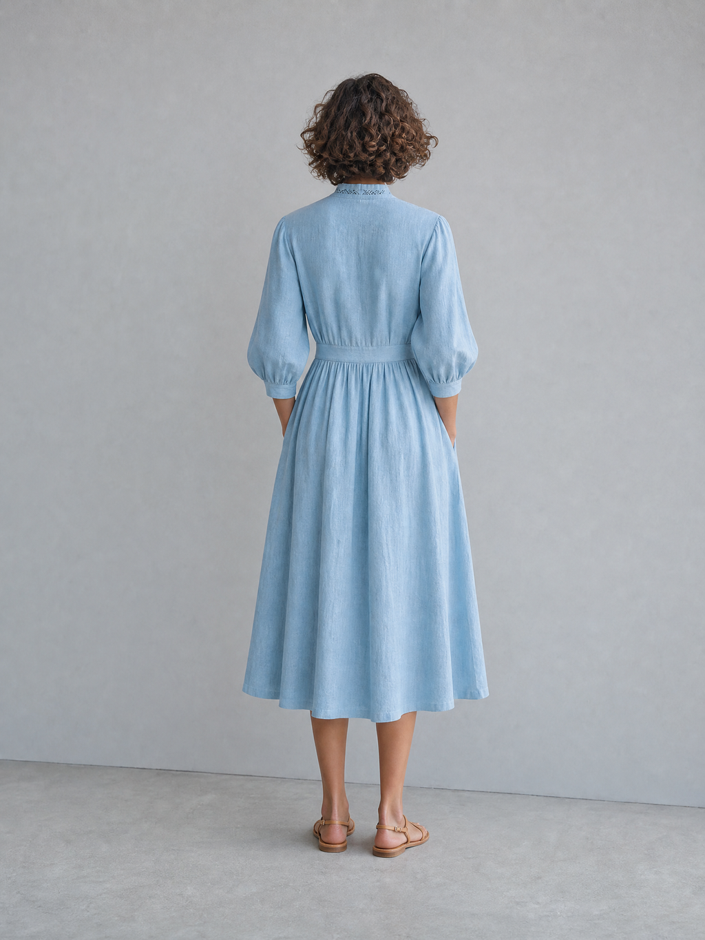 Women's Elegant Casual Light Blue Linen Embroidered Stand-Collar Three-Quarter Sleeve Midi Dress MDZ2034G2CMX