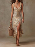 Bohemian Ruffle Strap Floral Print Slit Midi Dress In Cream