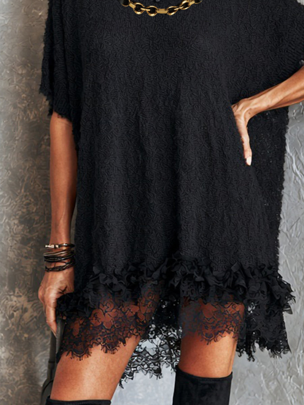 Black Oversized Lace Hem Mini Dress