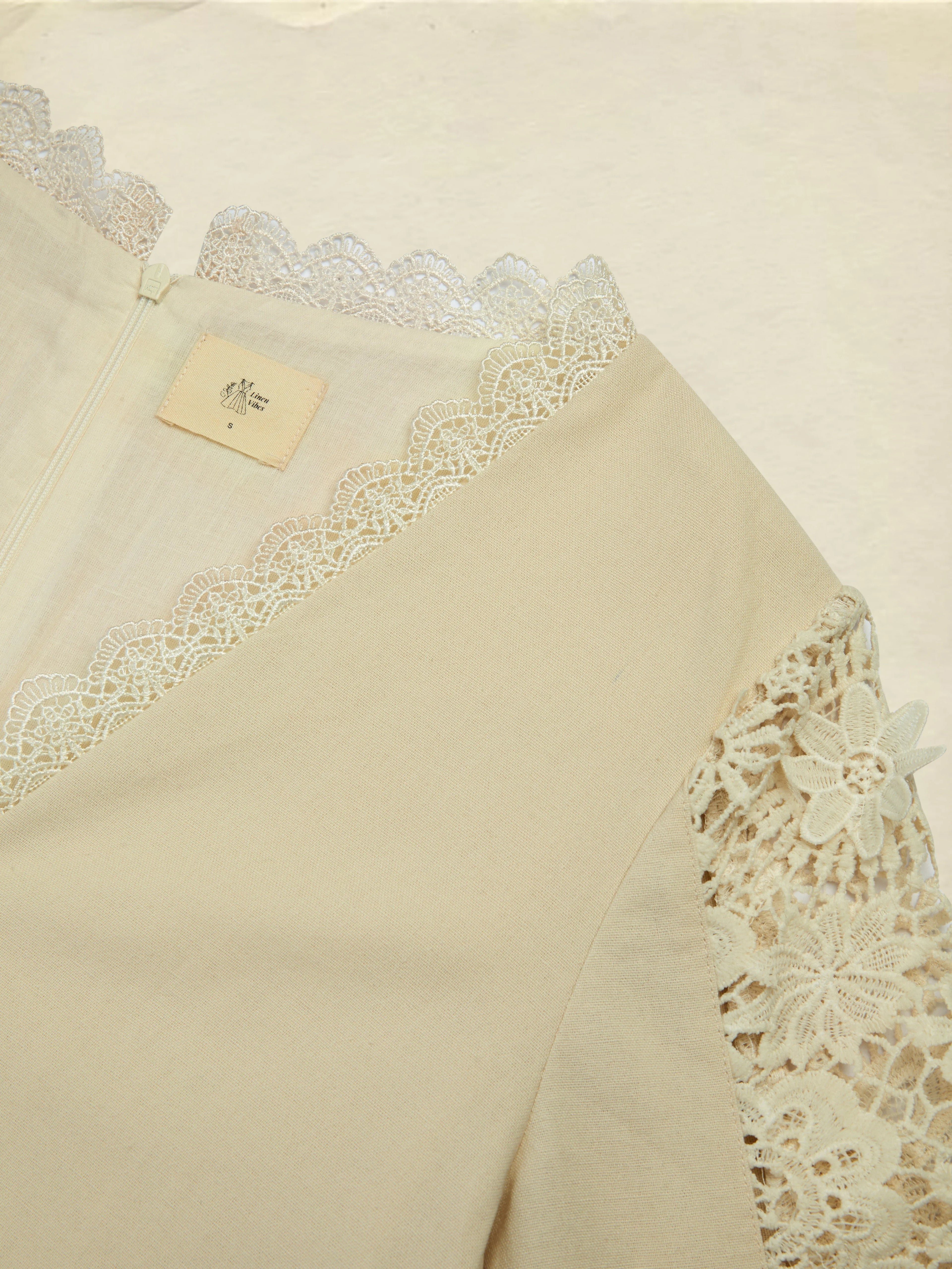 Midi Linen Dress, Long Sleeves, Plain, Lace, French Vintage, Apricot