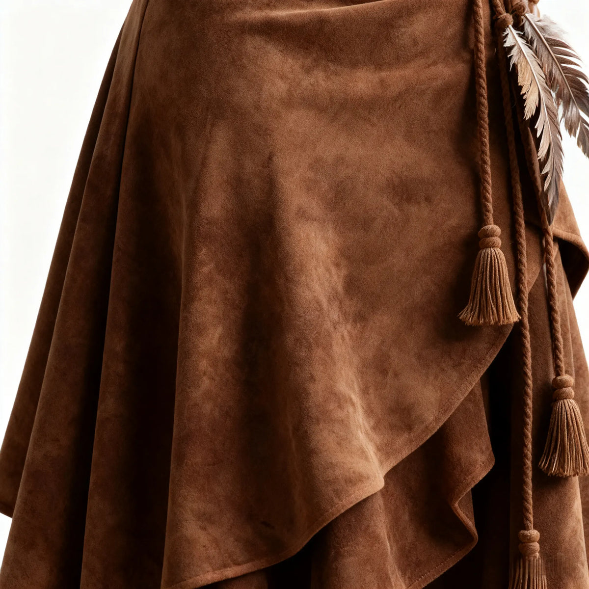 Brown Asymmetric Suede Wrap Skirt