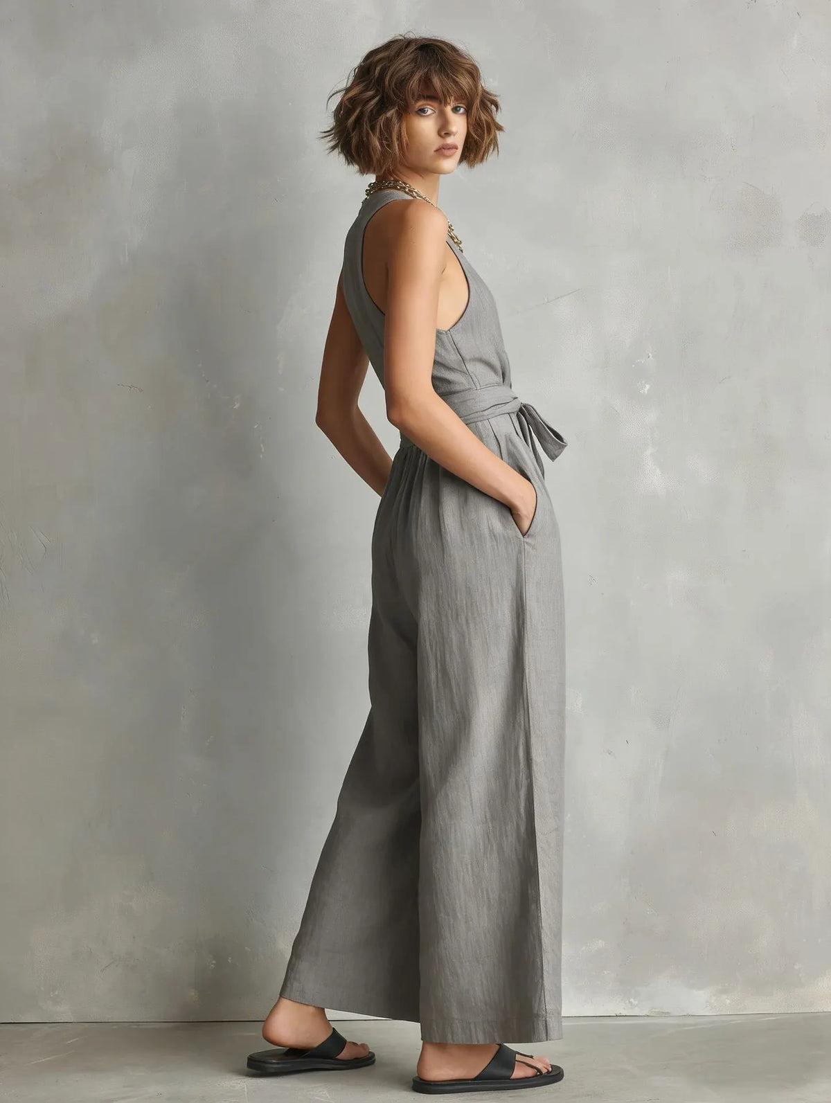 Momocco Elegant Waist-Knot Jumpsuit - Sleeveless Wide-Leg One-Piece Quiet Luxury Set