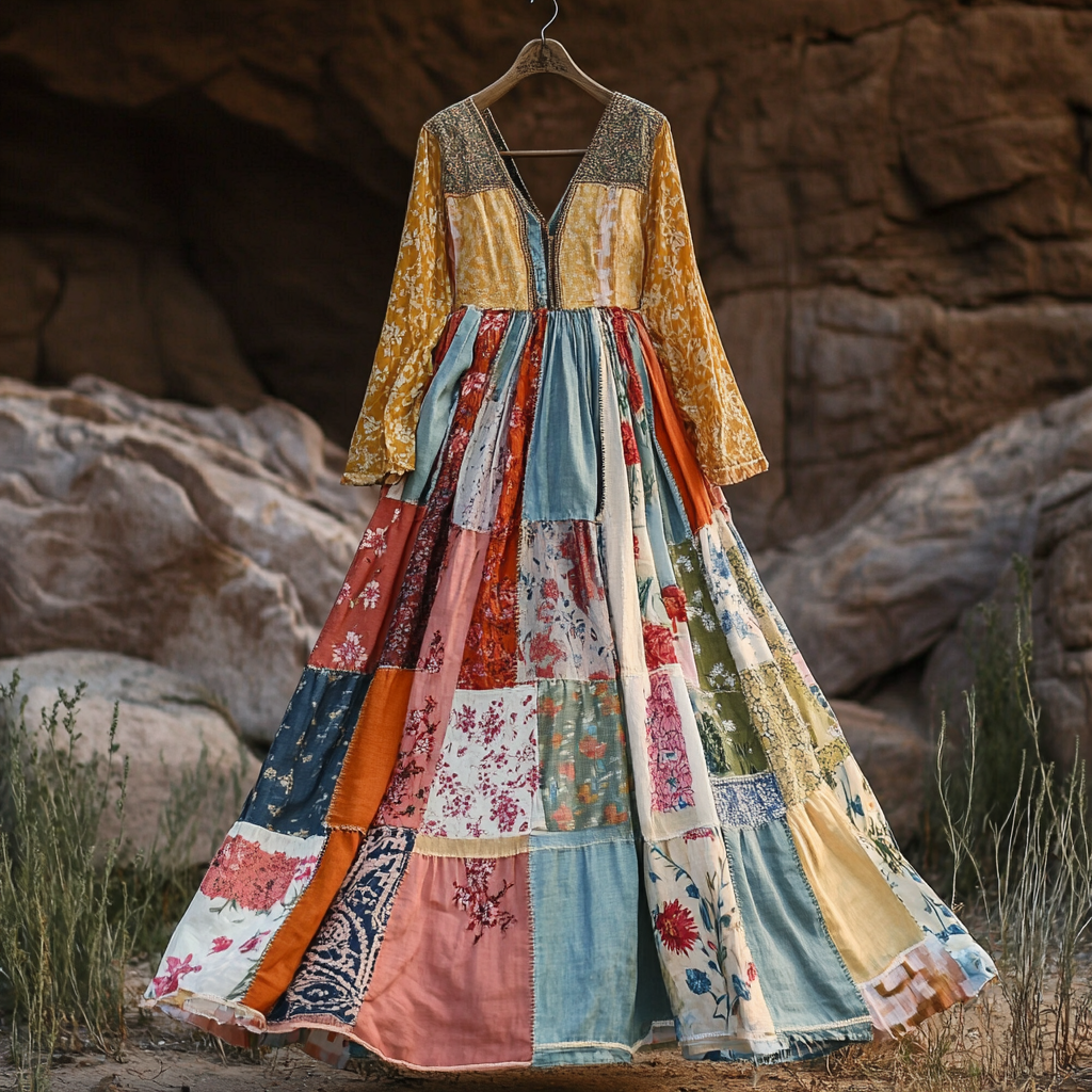 Women's Vintage Bohemian Patch Cotton And Linen Long Sleeve Dress 8ad8
