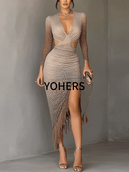 Brown Gradient Leopard Print Twisted Cutout Fringe Bodycon Dress