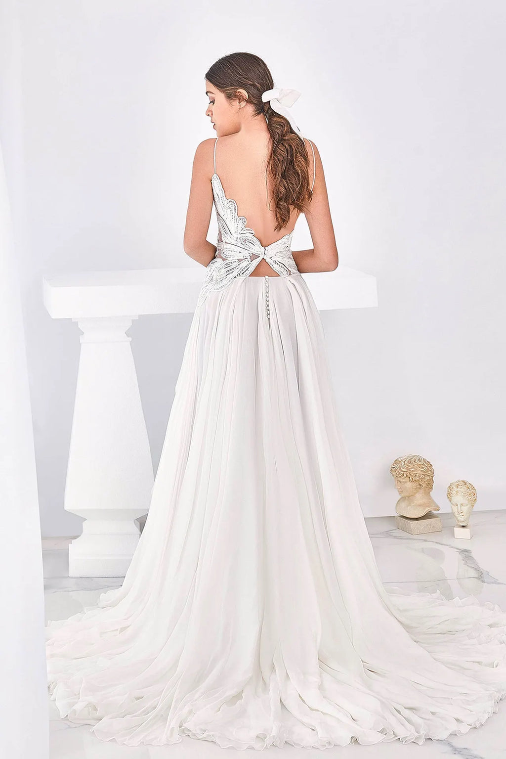 Embroidered bodice chiffon wedding dress
