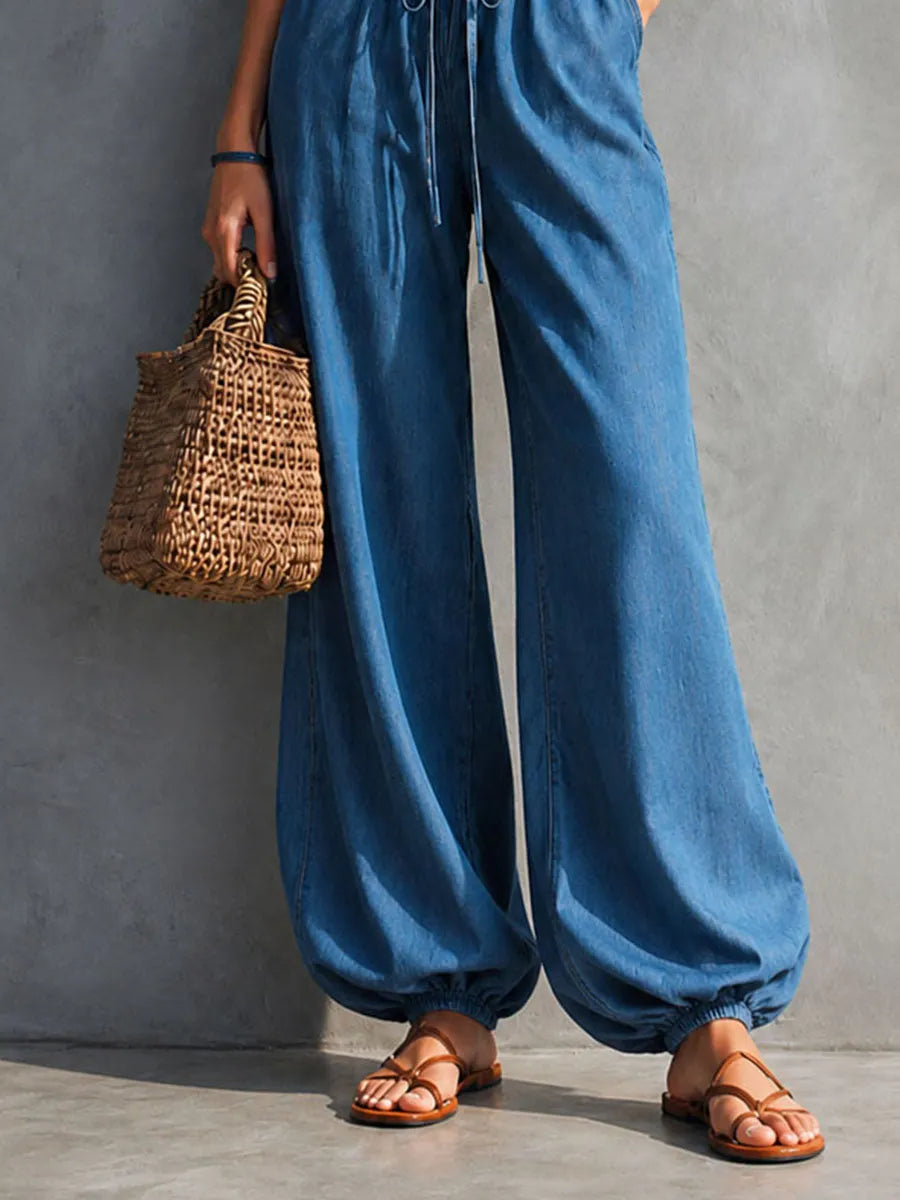 Boho Chic Denim Blue Corset Wide-Leg Jumpsuit