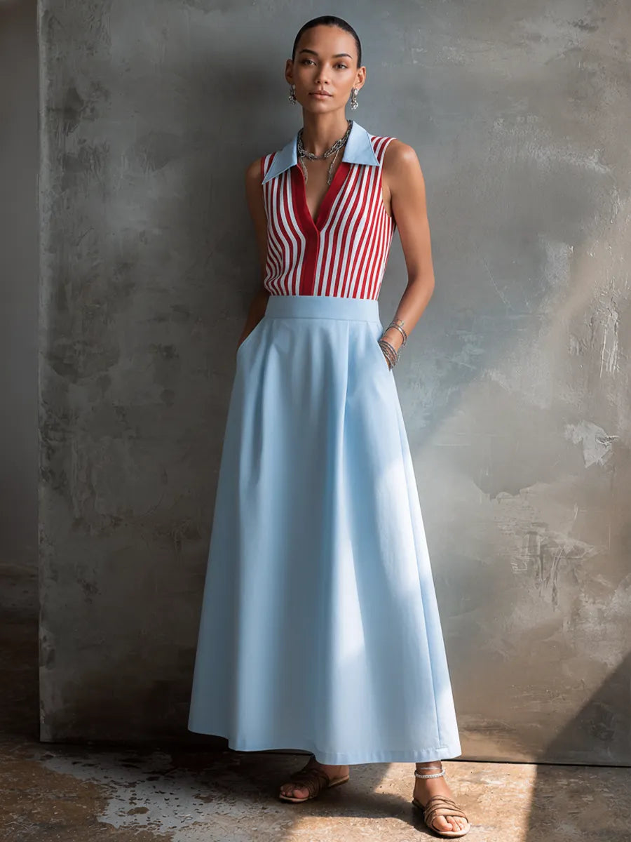 Women's Casual Knit Striped Color-Blocked Collared Top And Light Blue Cotton Blend Long Skirt Set MDZ3088F9GMJ