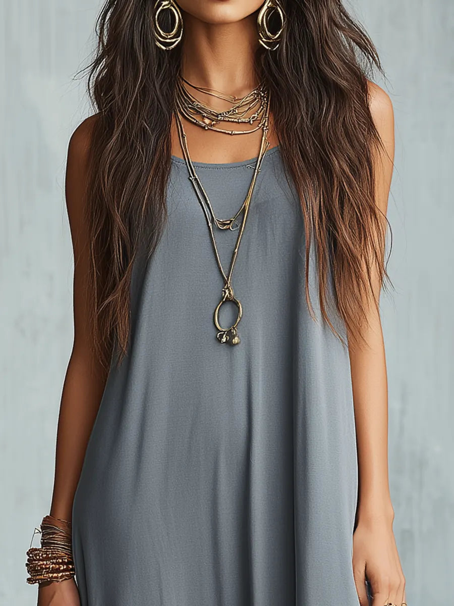 Relaxed Slate Gray Floral Hem Maxi Dress