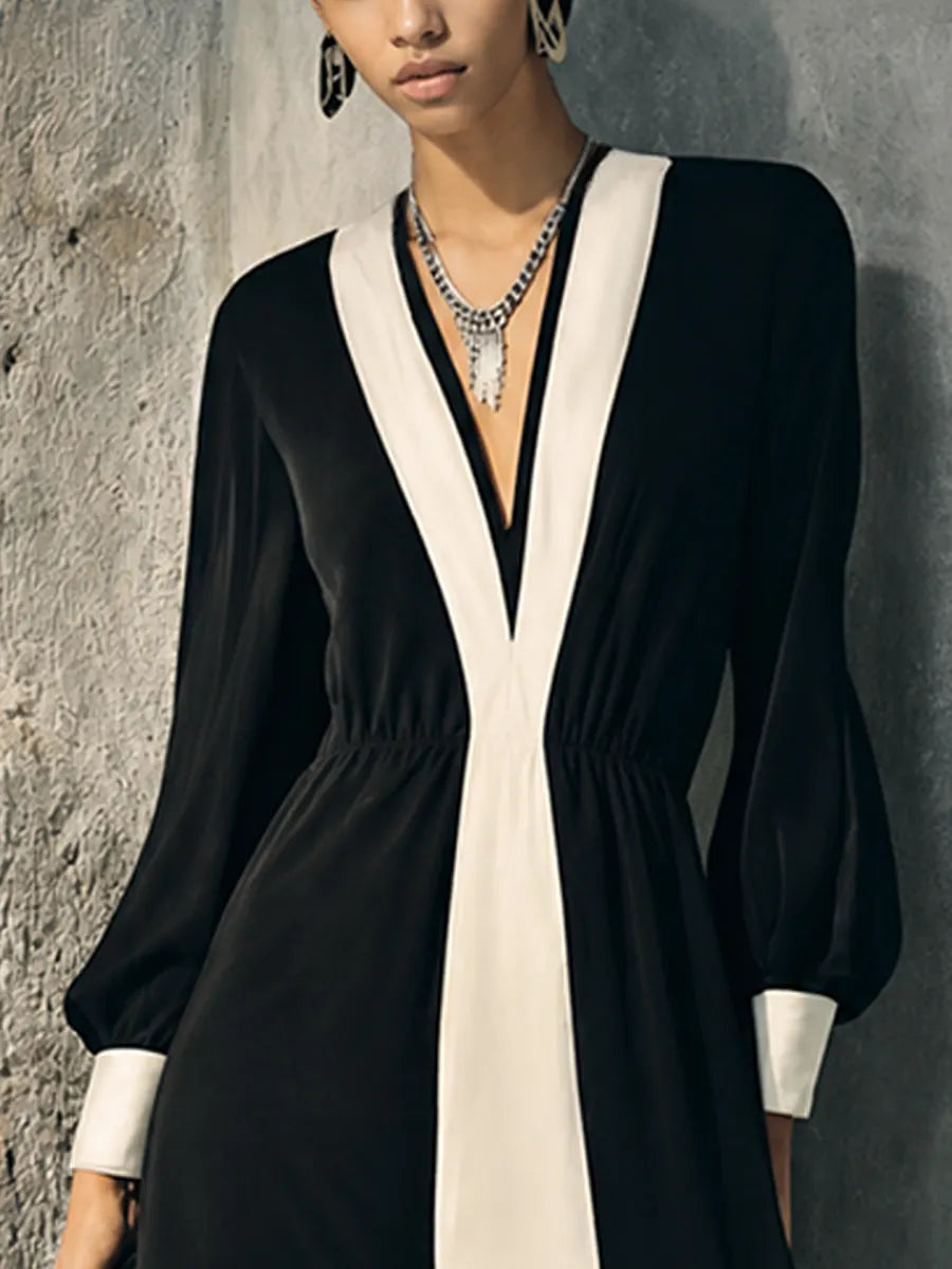 Women's Luxury Elegant Black White Cotton Blend Contrast Vertical Stripe Waisted Lantern Sleeve Maxi Dress MDZ1302G3GMJ