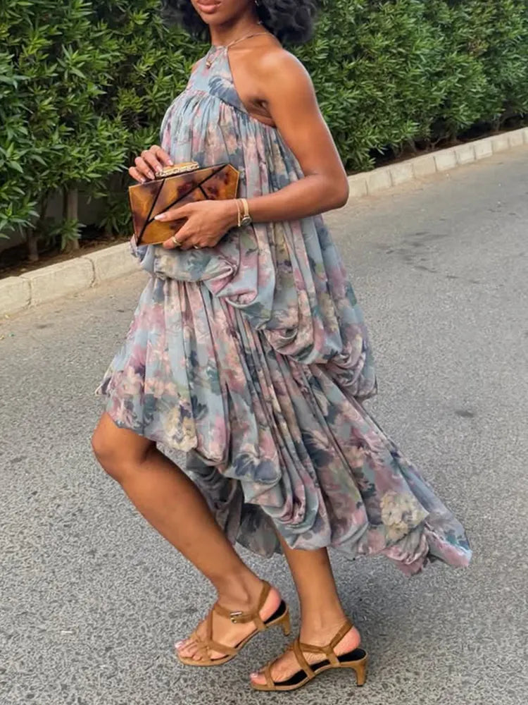 Women Neck Hanging Printed Patchwork Irregular Casual Dress