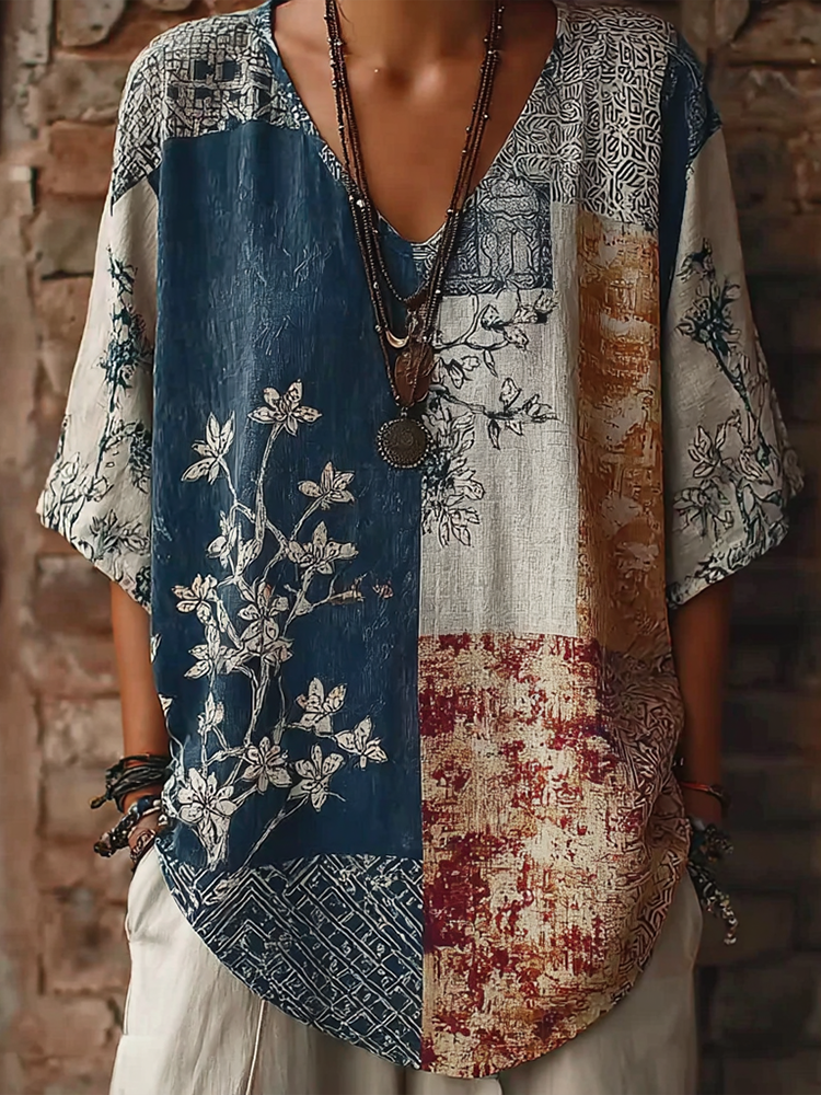 Japanese Art Retro Geometric Patchwork Plant Flower Print Women's V-neck Cotton And Linen Top