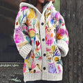 Women's Colorful Floral And Cat Art Hooded Cardigan Sweater