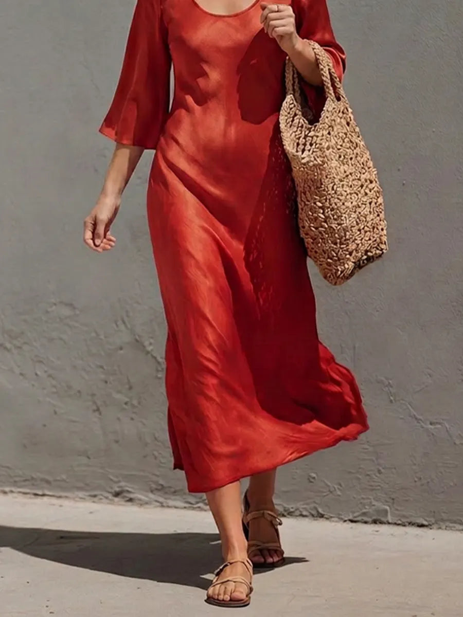 Women's Rust Red Satin Midi Dress With Wide U Scoop Neck & Flared Three Quarter Sleeves, Boho Elegant Flow Side Slit Vacation Midi Dress MDZ0171G2LYL