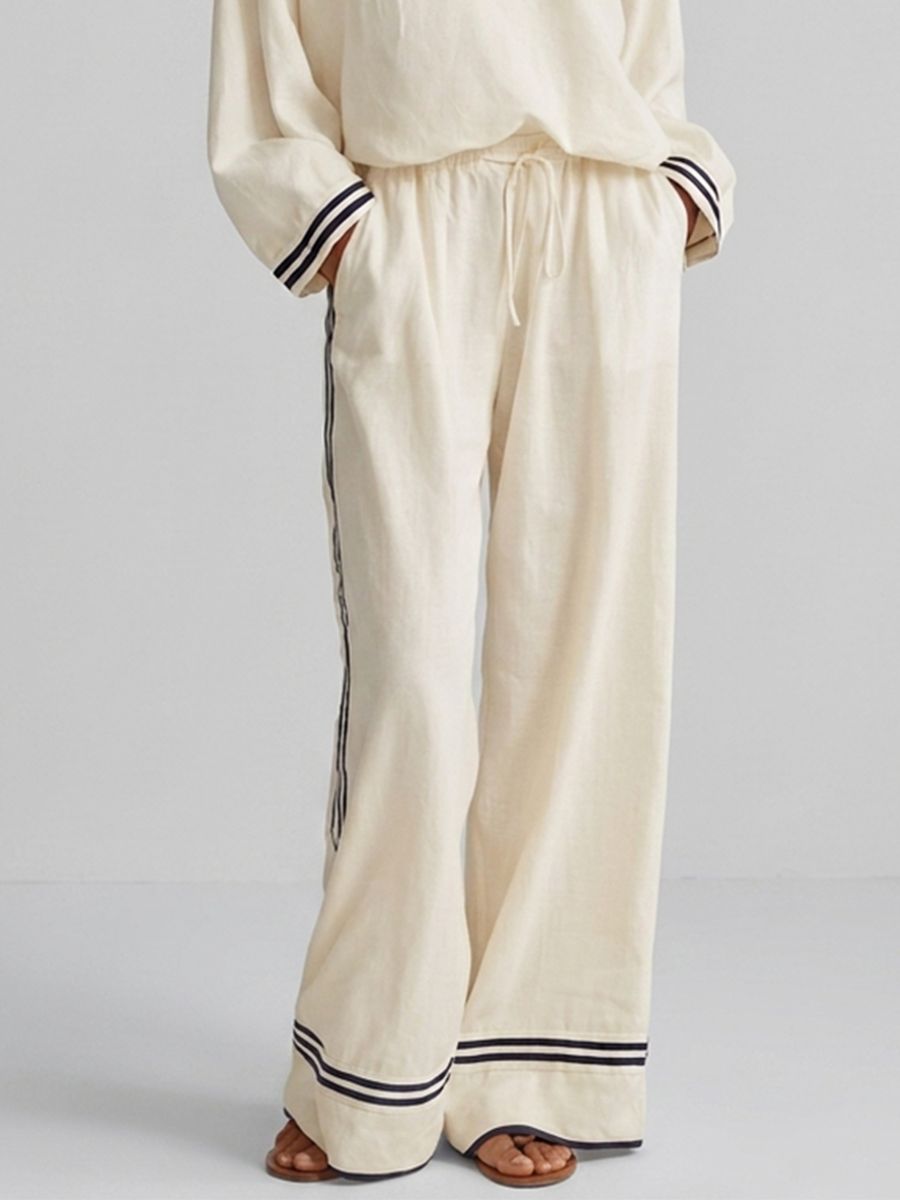 Women's Elegant Casual Off-white Linen Contrast-Stripe Stand-Collar V-Neck Long-Sleeve & Wide-Leg Trouser Set MDZ2059G3CMX