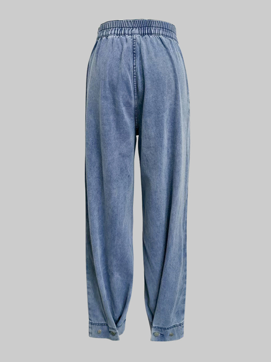 Loose Buttoned Solid Color Zipper Jean Pants Bottoms Knickerbockers Trousers