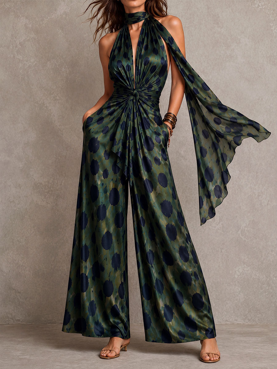 Boho Chic Olive And Navy Polka Halter Neck Scarf  Satin Jumpsuit