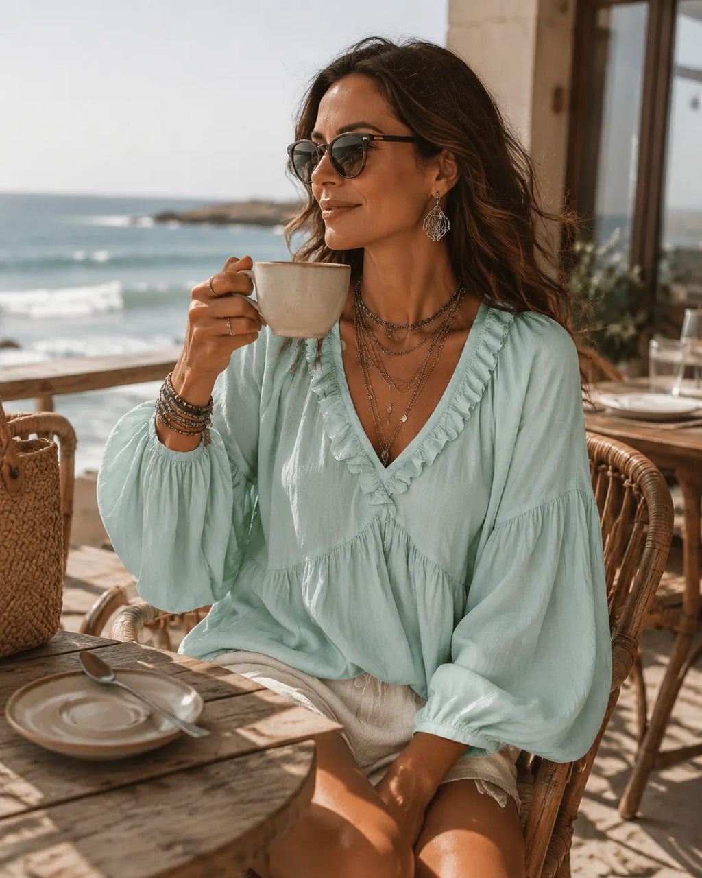 Soft Boho Ruffled V-Neck Relaxed Blouse