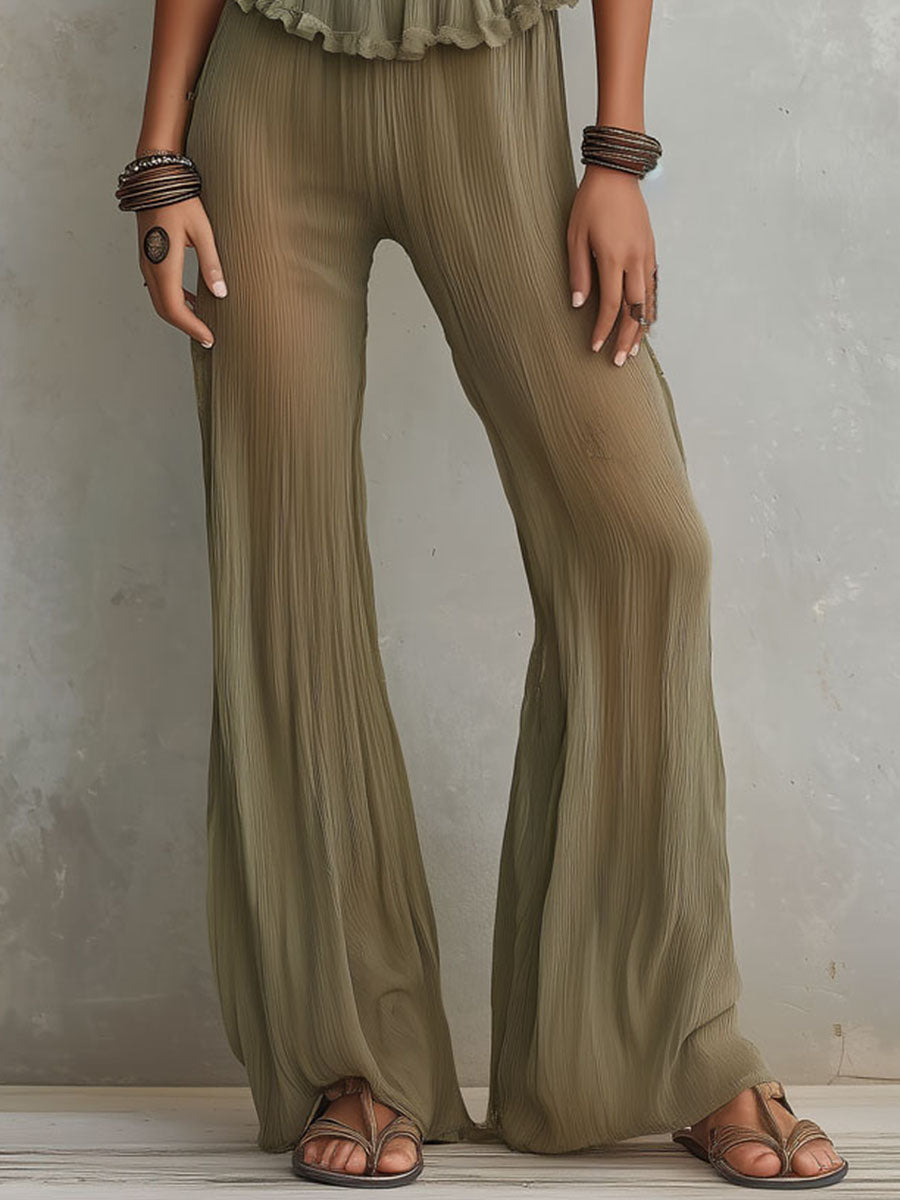 Boho Olive Ruffled Plunge Pleated Jumpsuit