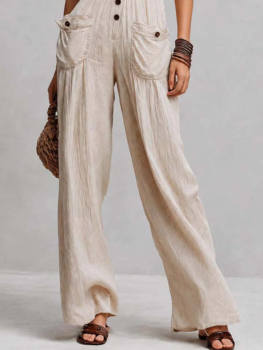 Beige Pinstripe Cotton Halter Lace-Trimmed Wide-Leg Jumpsuit