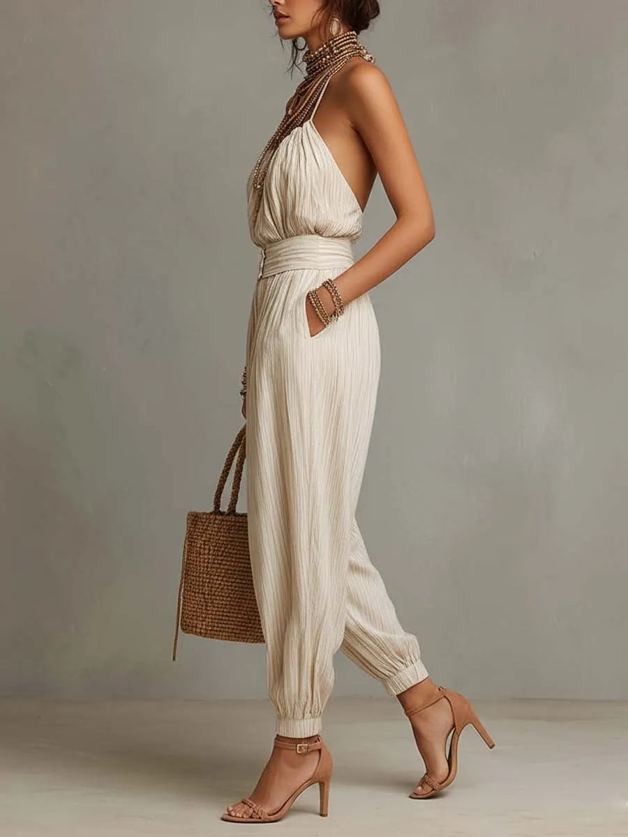 Bohemian Halter Smocked Waist Crinkled Jumpsuit