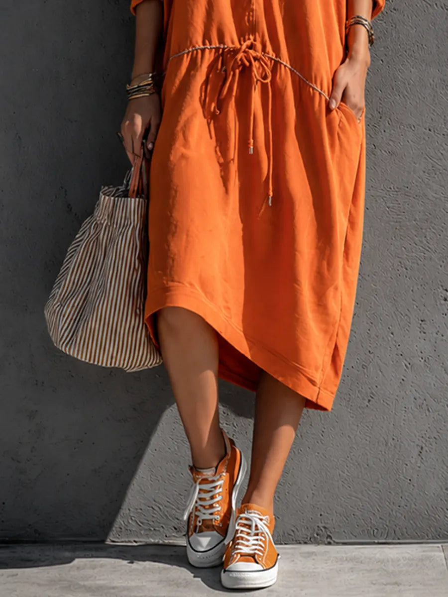 Women's Vacation Casual Orange Cotton Blend Lapel Drawstring Waist Irregular Midi Dress MDZ1019G8GMJ