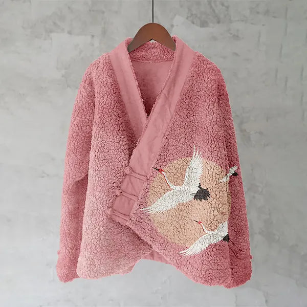 Flying Cranes Japanese Art Fleece Kimono Cardigan