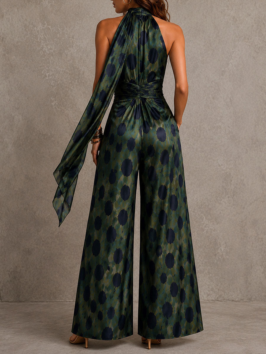 Boho Chic Olive And Navy Polka Halter Neck Scarf  Satin Jumpsuit