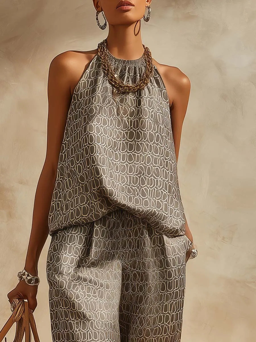Retro Chain Print Grey Satin Top And Pants Set