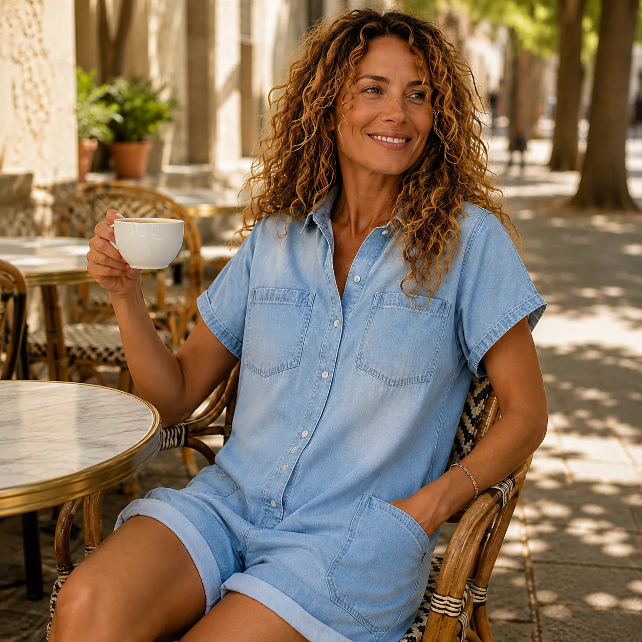 Sunova – Short Sleeve Denim-like Romper Jumpsuit with Pockets