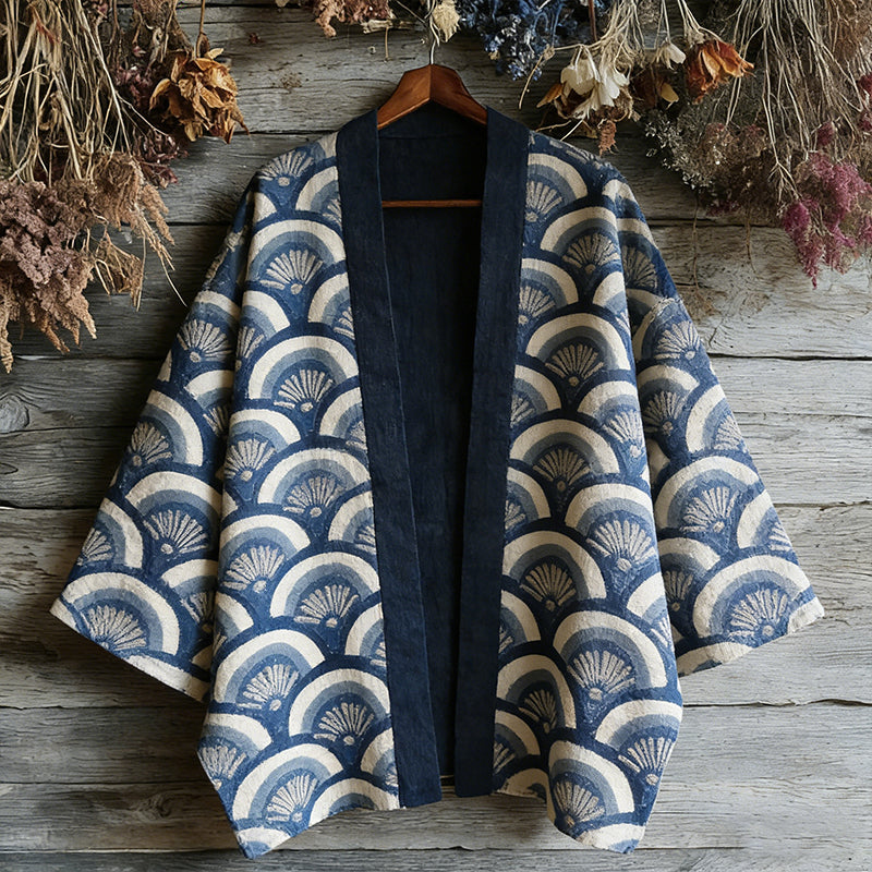 Retro Japanese Traditional Scallop Art Print Cotton And Linen Blend Kimono Cardigan