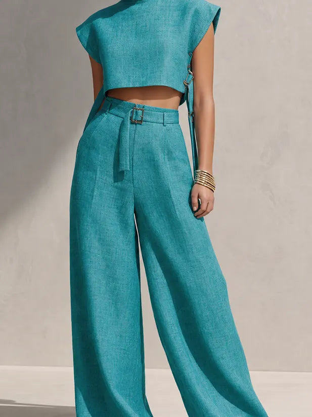 Women's Modern Teal Linen Blend Mock Neck Sleeveless Cropped Top And High-Waist Belted Wide-Leg Pants Two-Piece Set MDZ1383G1ZSQ