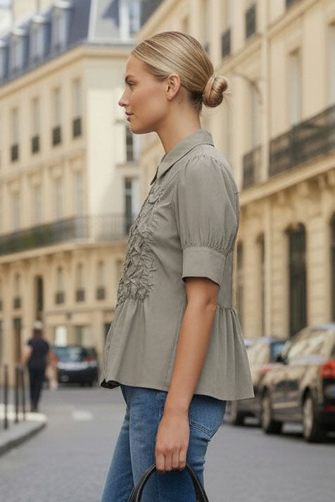 RUCHED FRONT  BUTTON UP BLOUSE