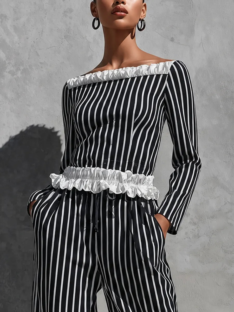Women's Black White Vertical Stripe White Ruffle Trim Off Shoulder Long Sleeve Top Drawstring Waist Tiered Ruffle Capri Wide Leg Pant Two Piece Set MDZ2054G3YZJ