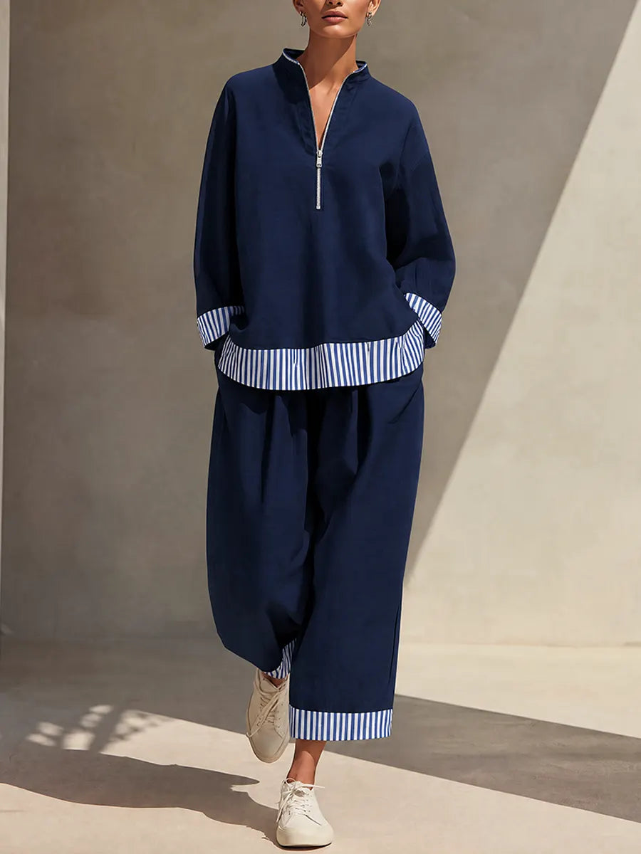 Women's Navy Cotton Blend Half Zip Stand Collar Striped Trim Top & Wide Leg Pants Two-Piece Set MDZ2464G0ZRK