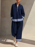 Women's Navy Cotton Blend Half Zip Stand Collar Striped Trim Top & Wide Leg Pants Two-Piece Set MDZ2464G0ZRK