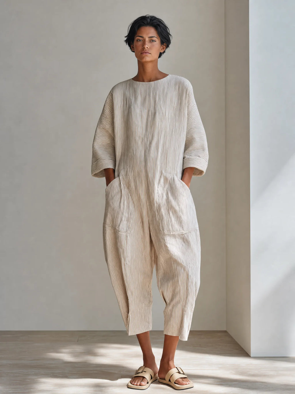 Women's Minimalist Beige Cotton Linen Blend Pinstripe Round Neck Dropped Shoulder Oversized Cropped Jumpsuit MDZ0753G0ZSQ