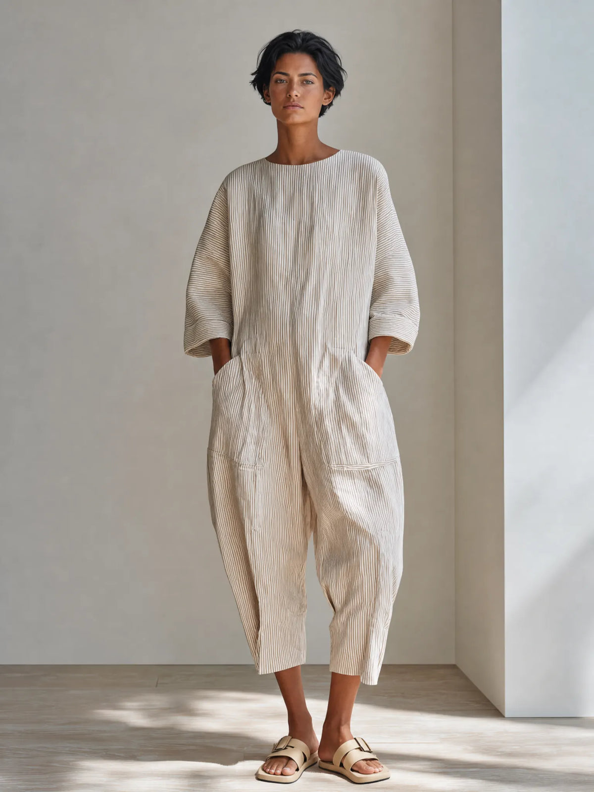 Women's Minimalist Beige Cotton Linen Blend Pinstripe Round Neck Dropped Shoulder Oversized Cropped Jumpsuit MDZ0753G0ZSQ