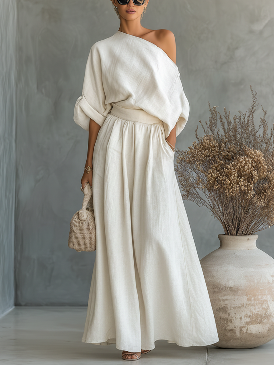 Women's Cream Linen Fabric One-Shoulder Puff-Sleeve Top & Wide-Leg Maxi Skirt Set