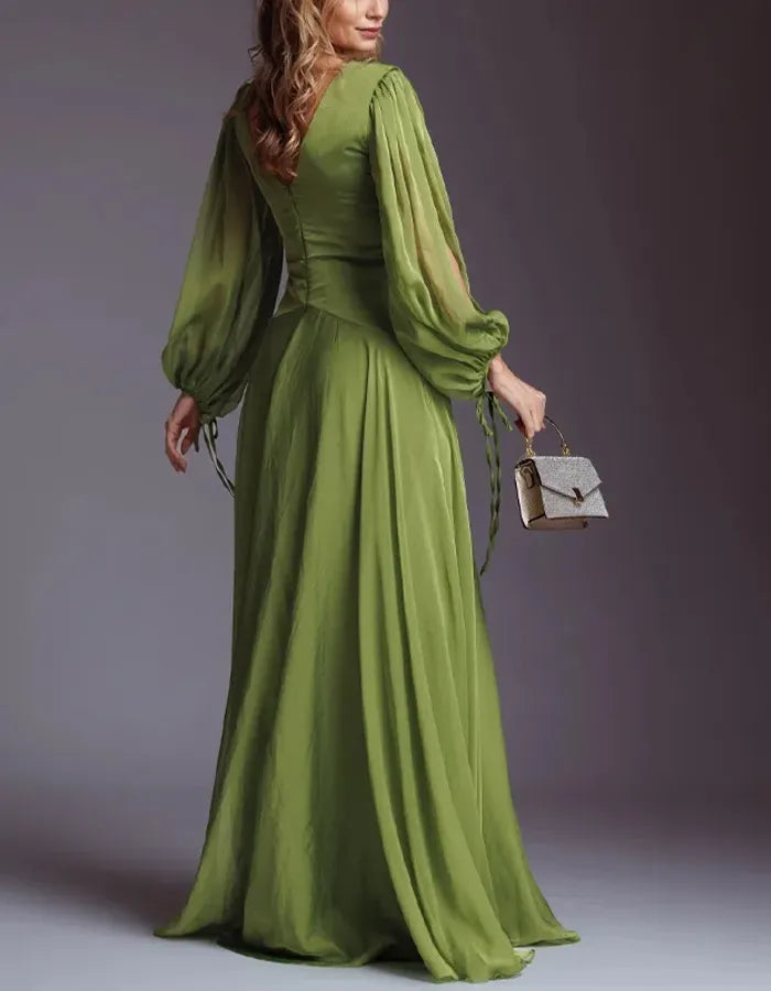 Elegant Chiffon Solid Color Long Slit Puff Sleeve Maxi Dress