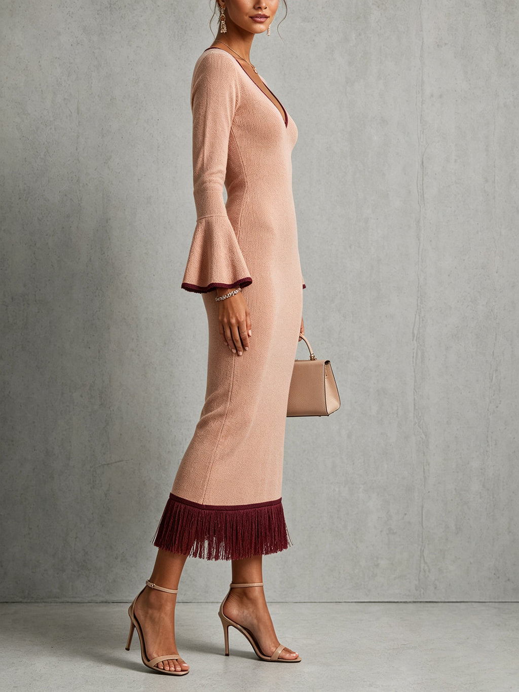 Pink V-Neck Fringe Hem Knit Midi Dress