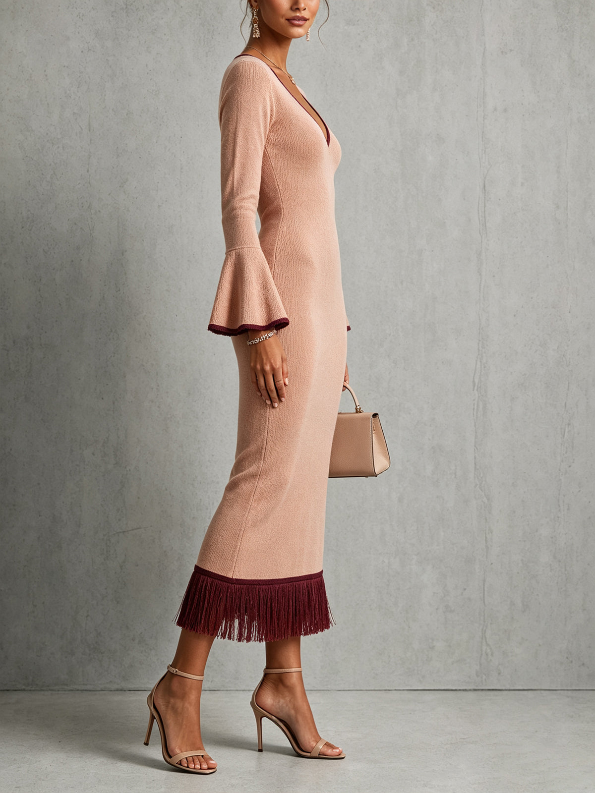 Pink V-Neck Fringe Hem Knit Midi Dress